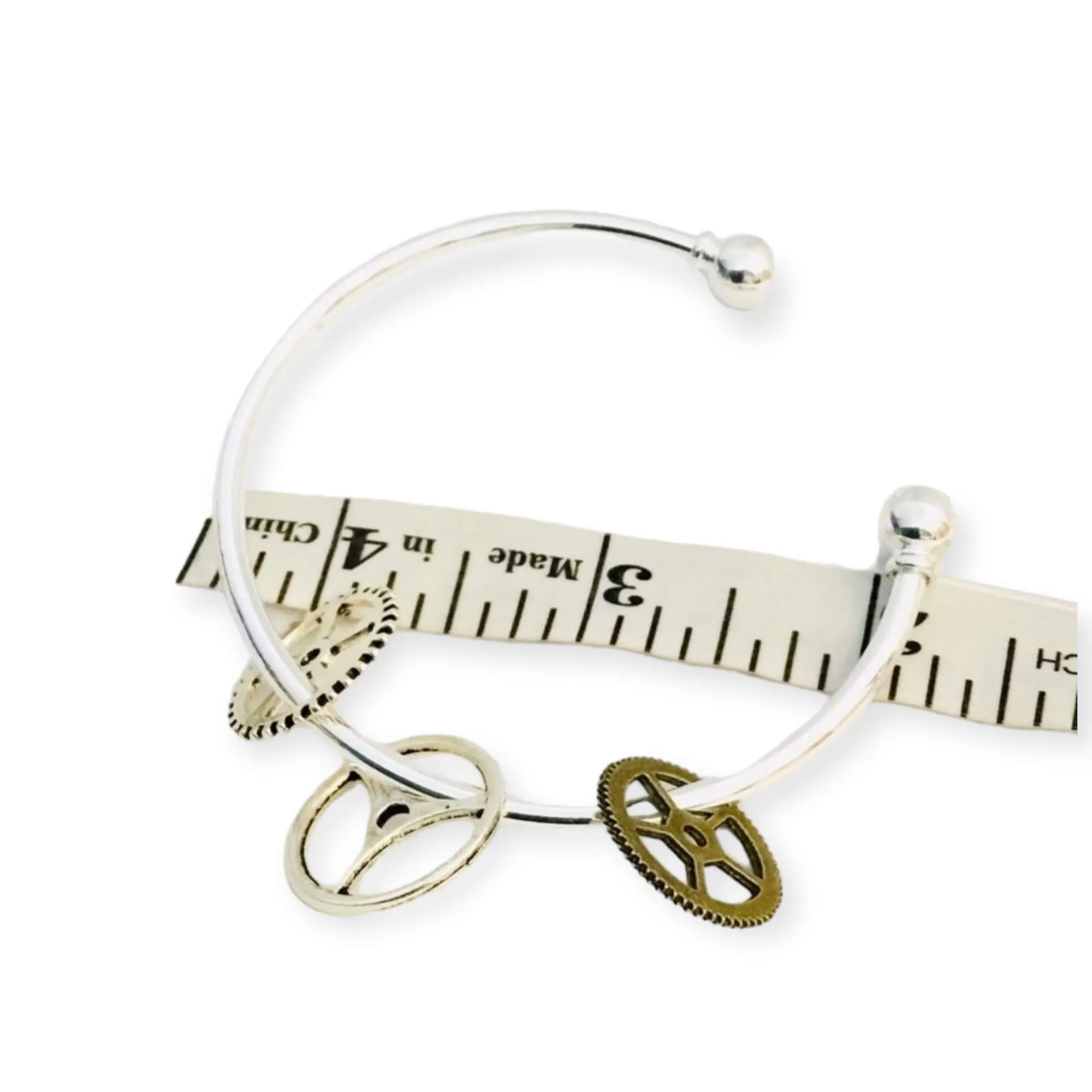 Silver Double Beaded Open Cuff Bracelet