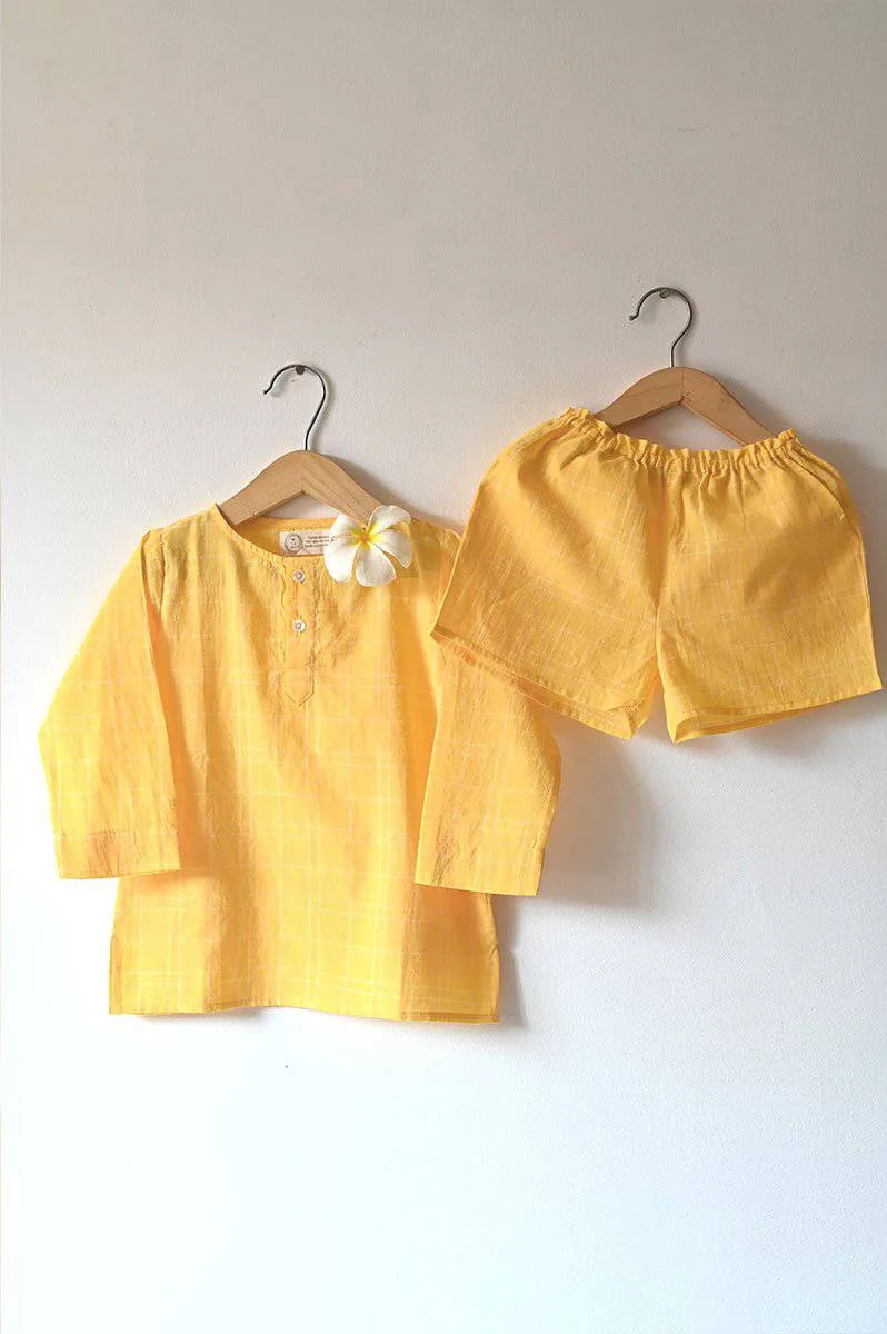Sleepover Party Kurta And Shorts Coord Set In Yellow Checks