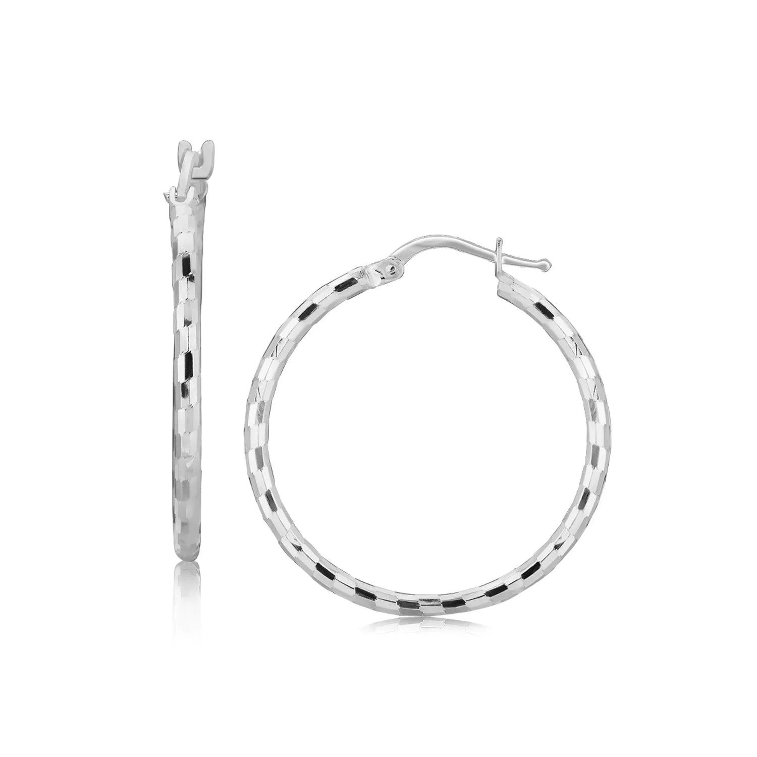 Sterling Silver Hoop Design Diamond Cut Earrings Rhodium Plating 26mm