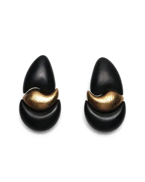 Three Long Ebony Wood and Single Gold Leaf Cip Earrings