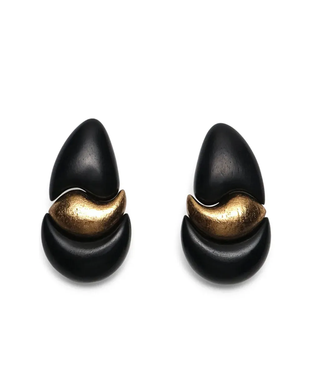 Three Long Ebony Wood and Single Gold Leaf Cip Earrings