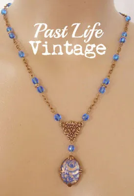 Vintage 1960s Blue Rose Cameo Necklace Free US Shipping Handmade