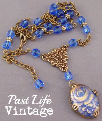 Vintage 1960s Blue Rose Cameo Necklace Free US Shipping Handmade