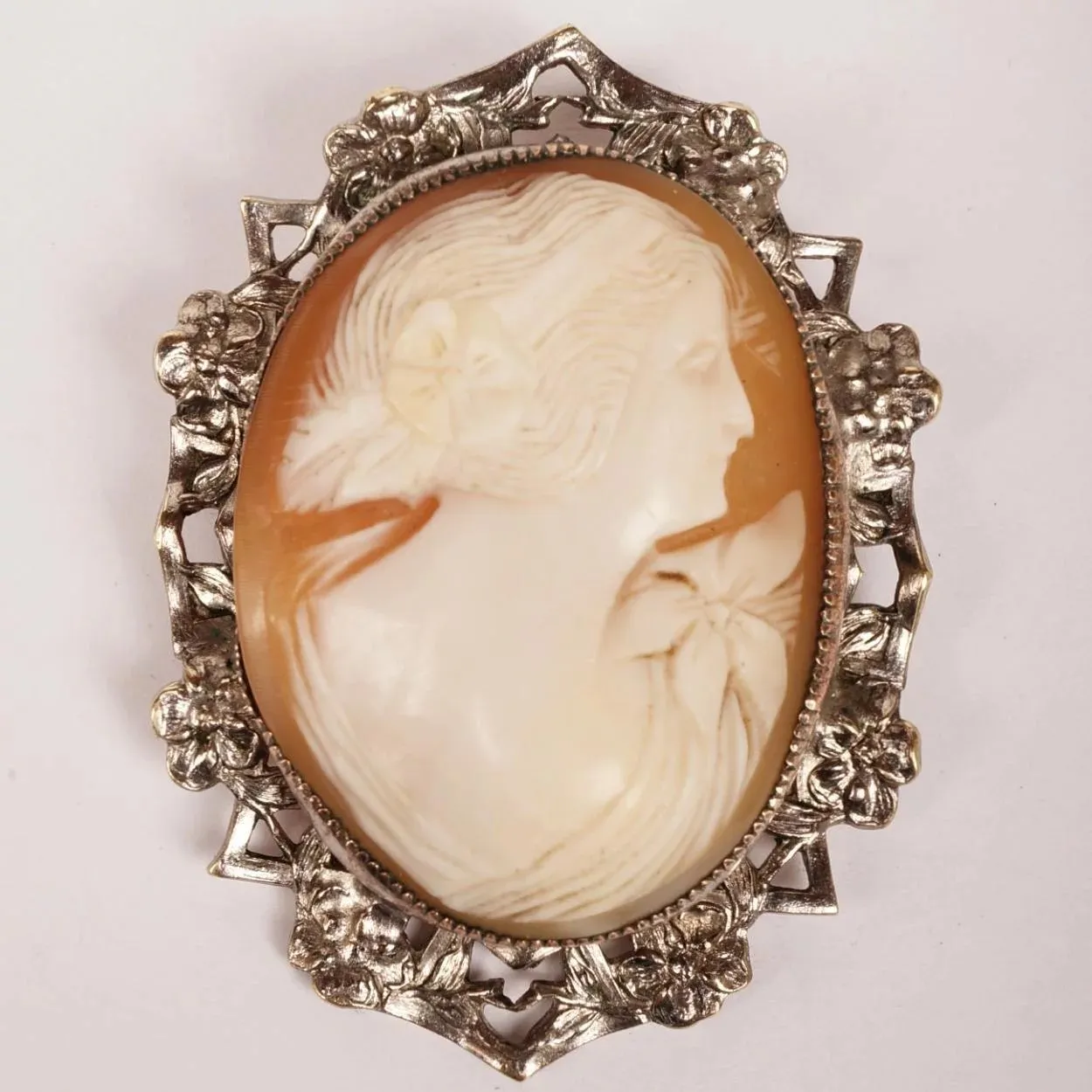 Vintage Cameo Brooch Pendant - Hand Carved - Silver Plated Mount