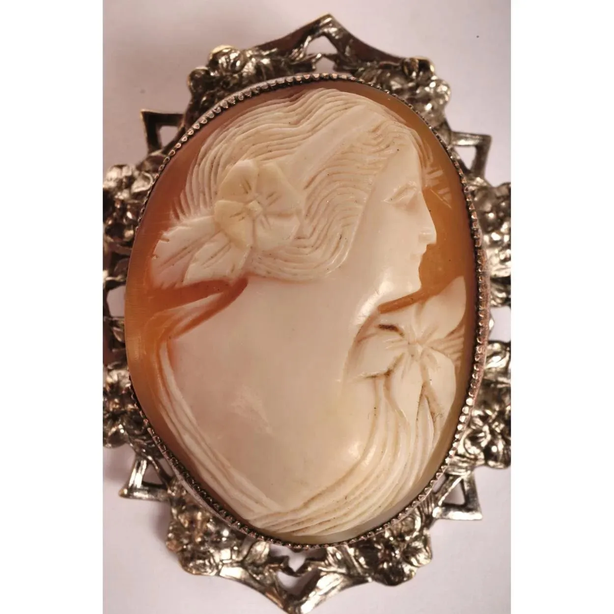 Vintage Cameo Brooch Pendant - Hand Carved - Silver Plated Mount