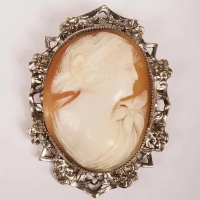 Vintage Cameo Brooch Pendant - Hand Carved - Silver Plated Mount