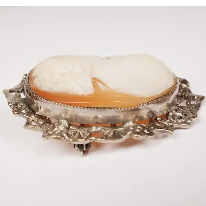 Vintage Cameo Brooch Pendant - Hand Carved - Silver Plated Mount