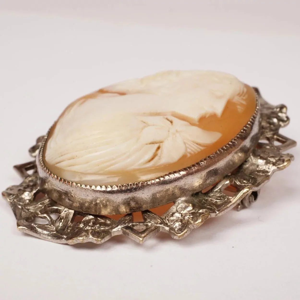 Vintage Cameo Brooch Pendant - Hand Carved - Silver Plated Mount