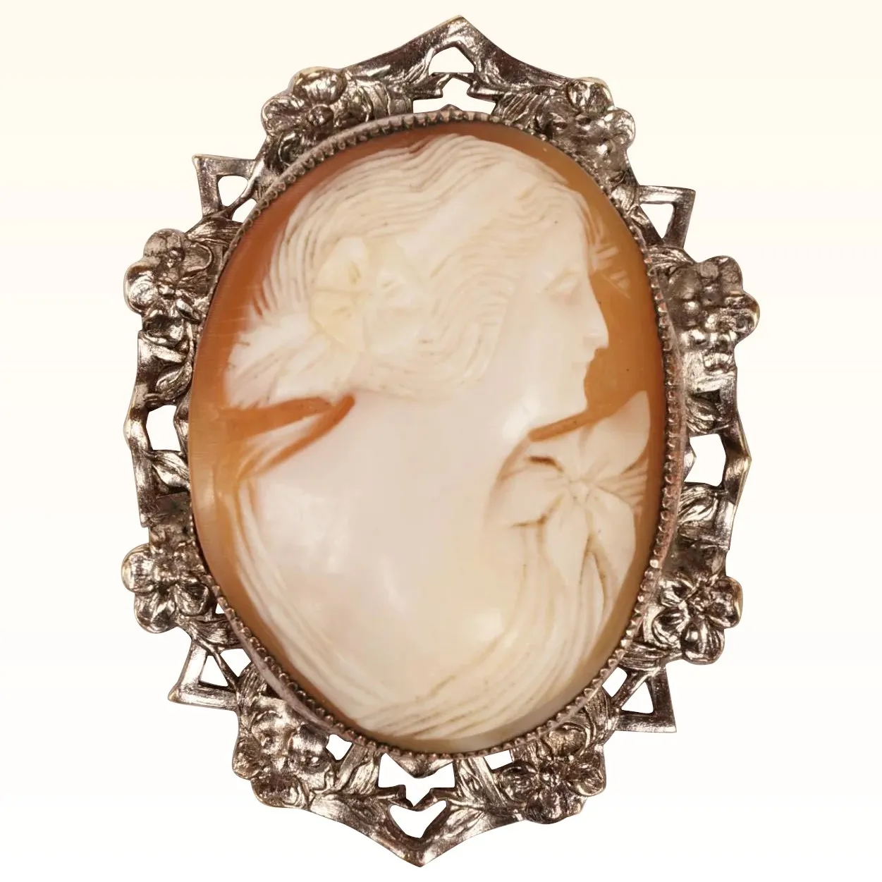Vintage Cameo Brooch Pendant - Hand Carved - Silver Plated Mount