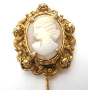 Vintage Left Facing Cameo Stick Gold Tone Pin