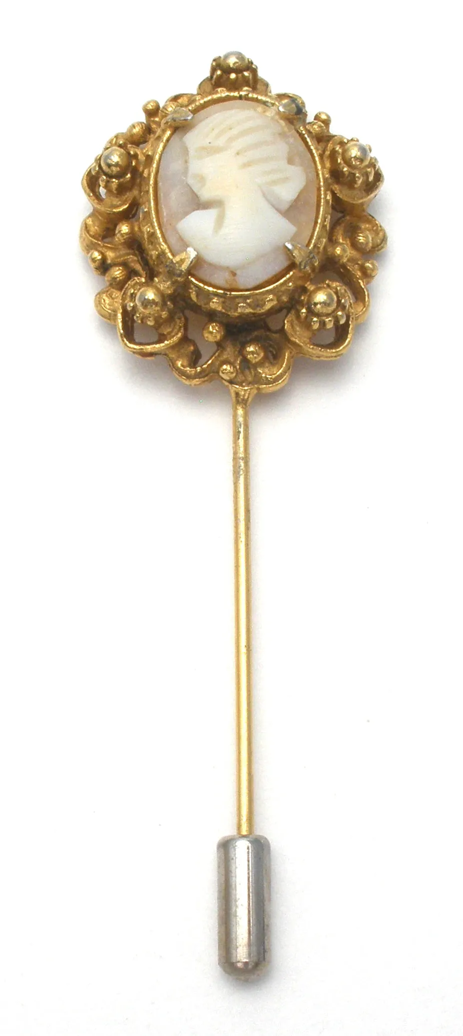 Vintage Left Facing Cameo Stick Gold Tone Pin