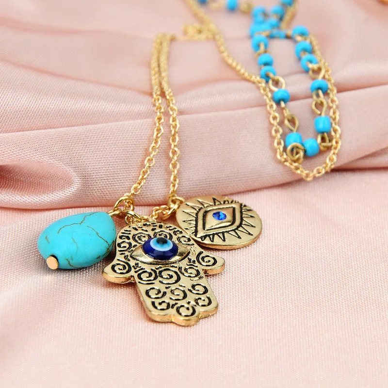 Vintage Multilayer Gold Plated Chain Fatima hamsa Hand Pendants Necklace Luck Hand Turquoise Palm nice Necklace collares