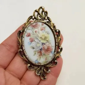 Vintage Painted Flowers Brooch Pendant