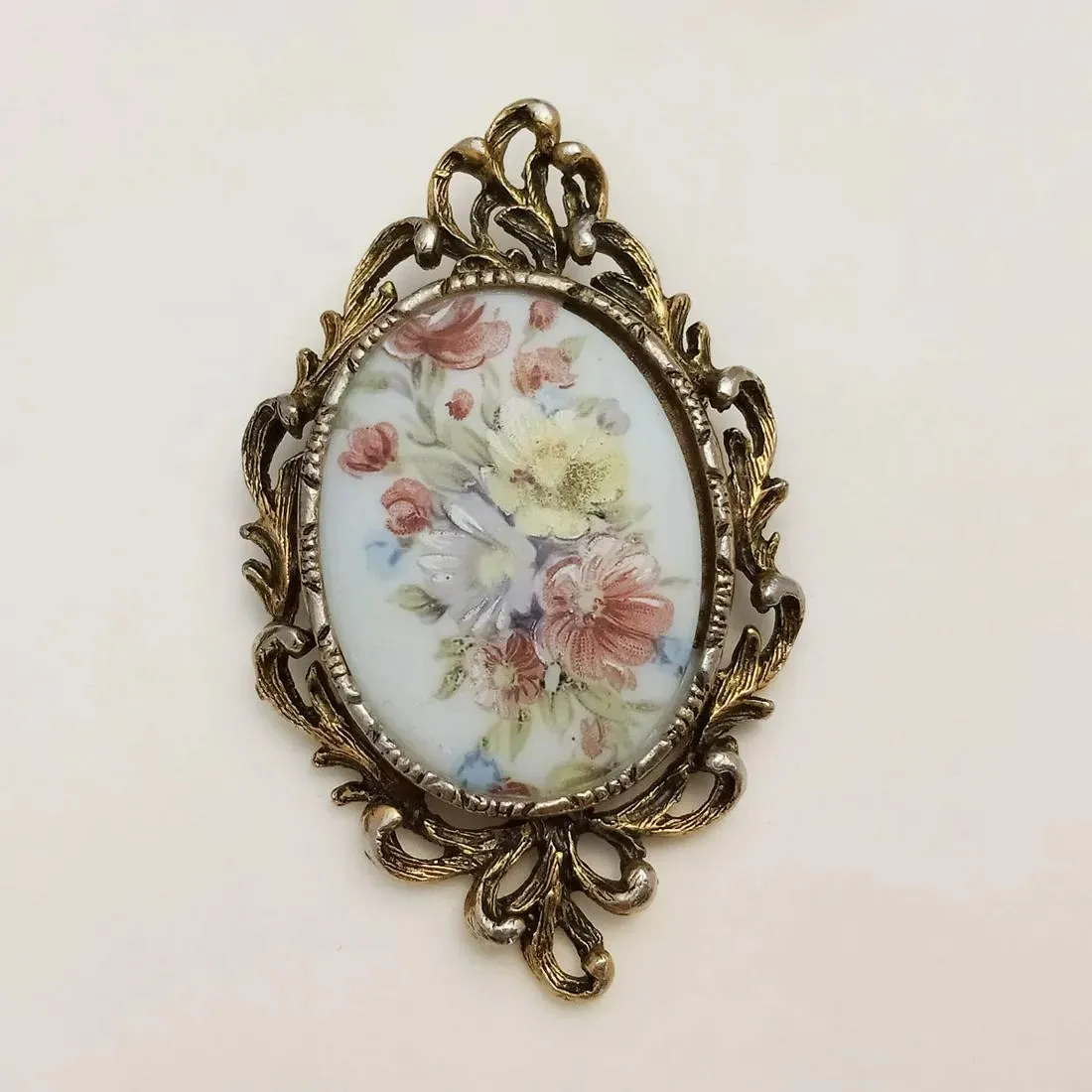 Vintage Painted Flowers Brooch Pendant