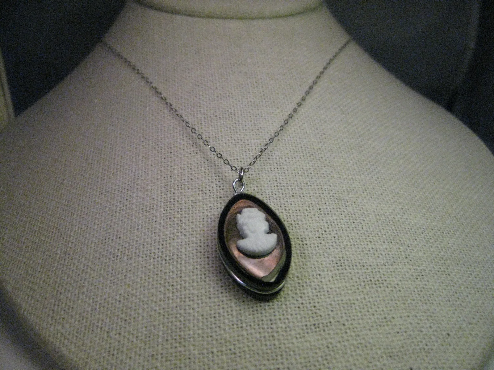 Vintage Sterling Silver Necklace, Black Oval Cameo, 16"