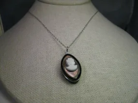Vintage Sterling Silver Necklace, Black Oval Cameo, 16"