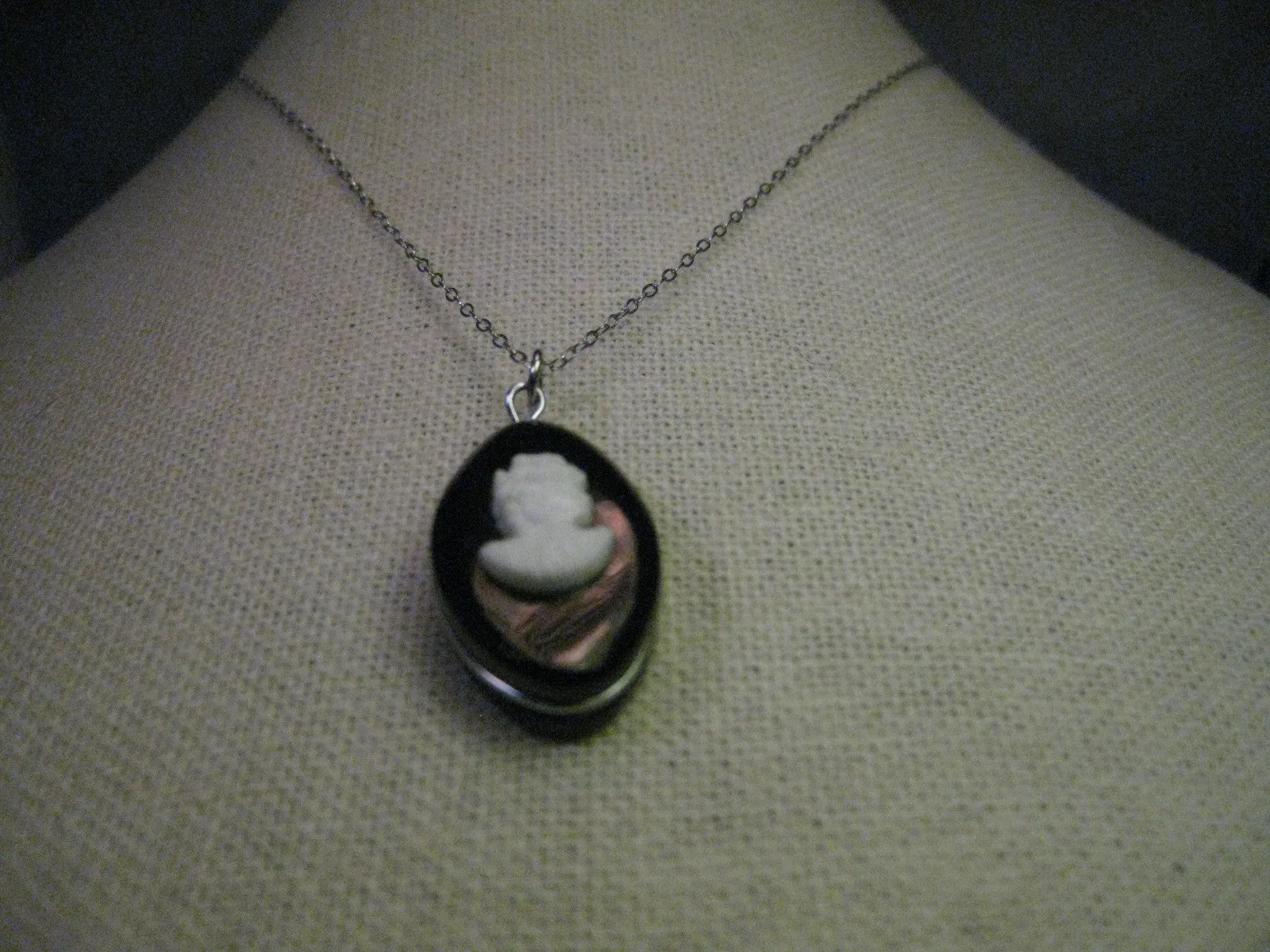 Vintage Sterling Silver Necklace, Black Oval Cameo, 16"