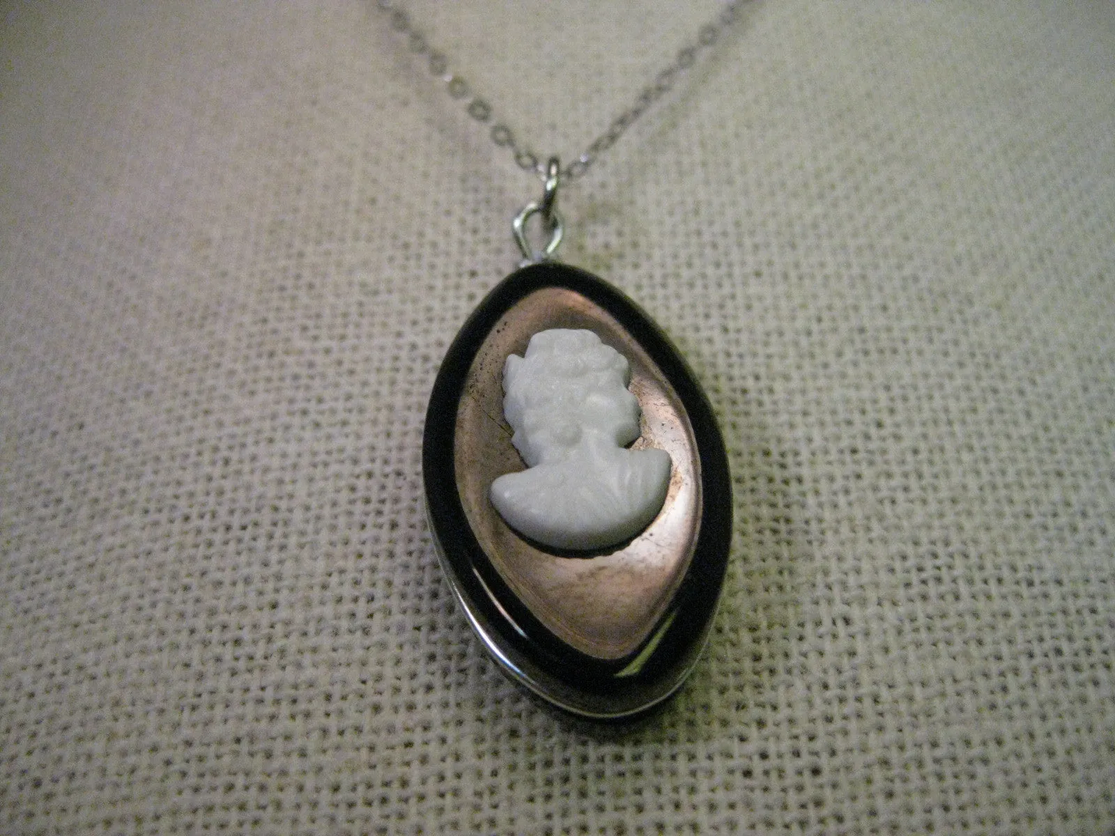 Vintage Sterling Silver Necklace, Black Oval Cameo, 16"