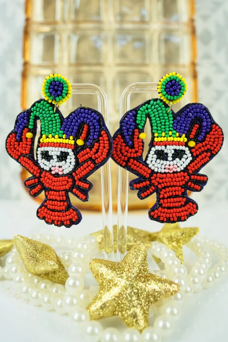 Viola Bejeweled Mardi Gras Crayfish Seed Bead Earrings