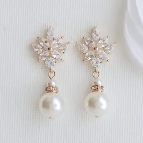 Wedding Drop Earrings in Rose Gold & Round Pearls- Rosa
