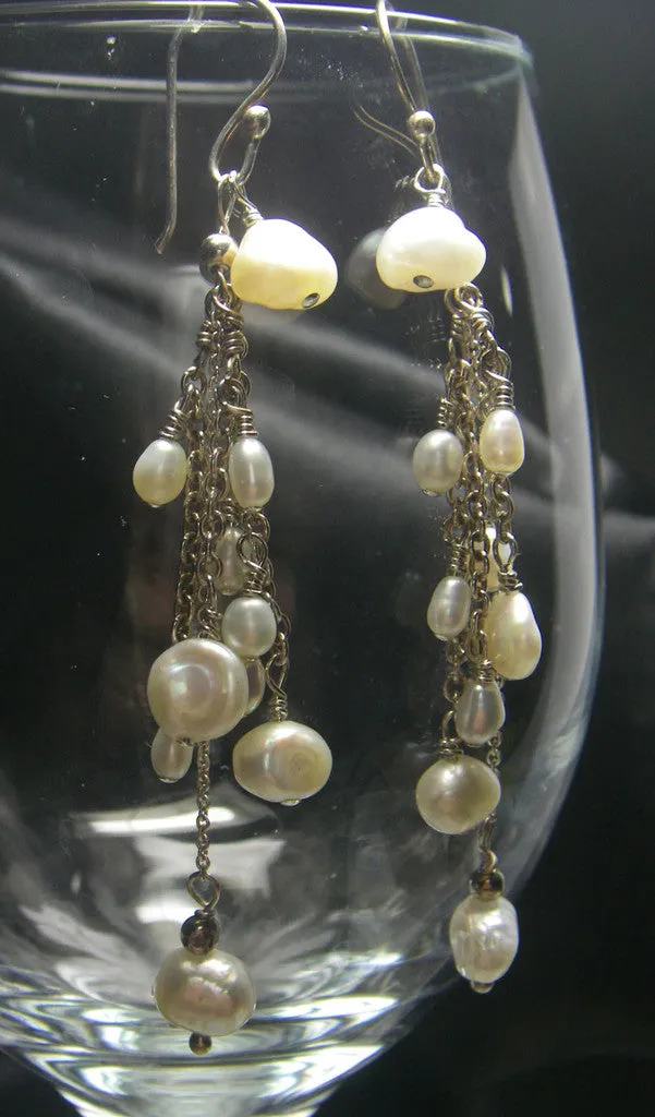 White Freshwater Pearl Cluster, Silver Earrings