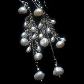 White Freshwater Pearl Cluster, Silver Earrings