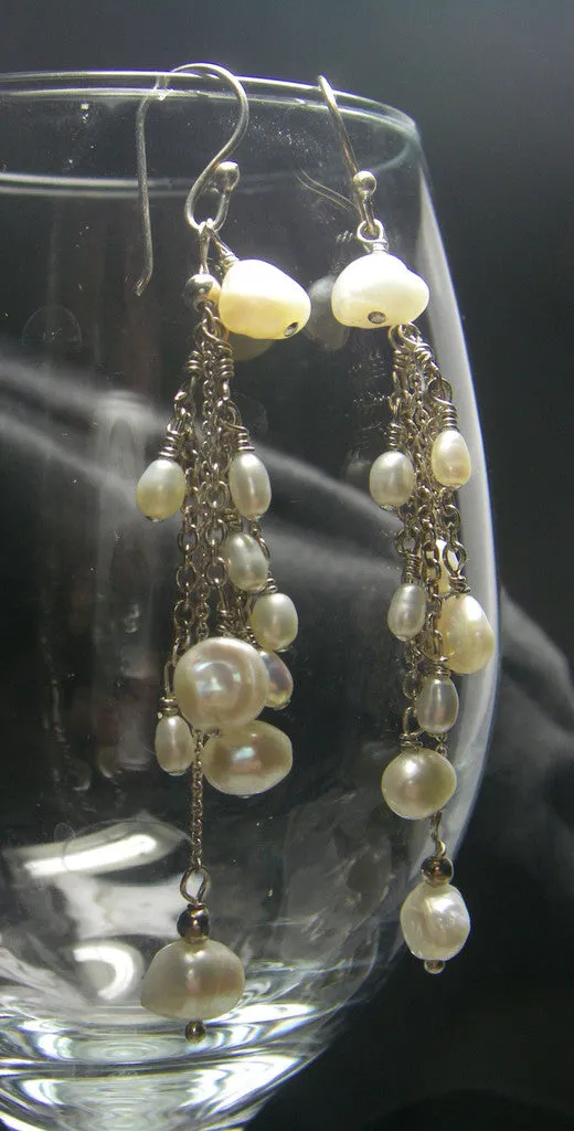 White Freshwater Pearl Cluster, Silver Earrings