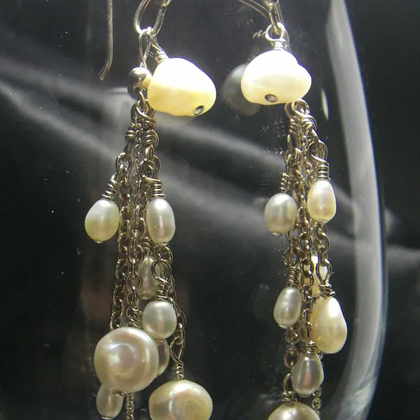 White Freshwater Pearl Cluster, Silver Earrings