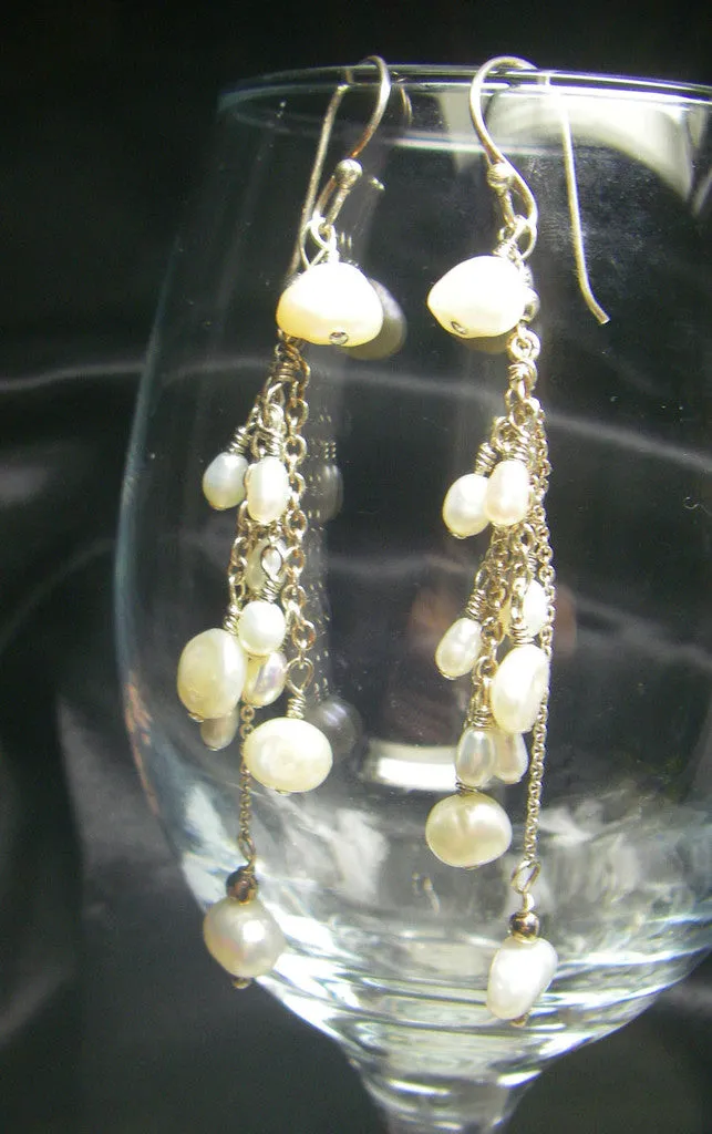 White Freshwater Pearl Cluster, Silver Earrings