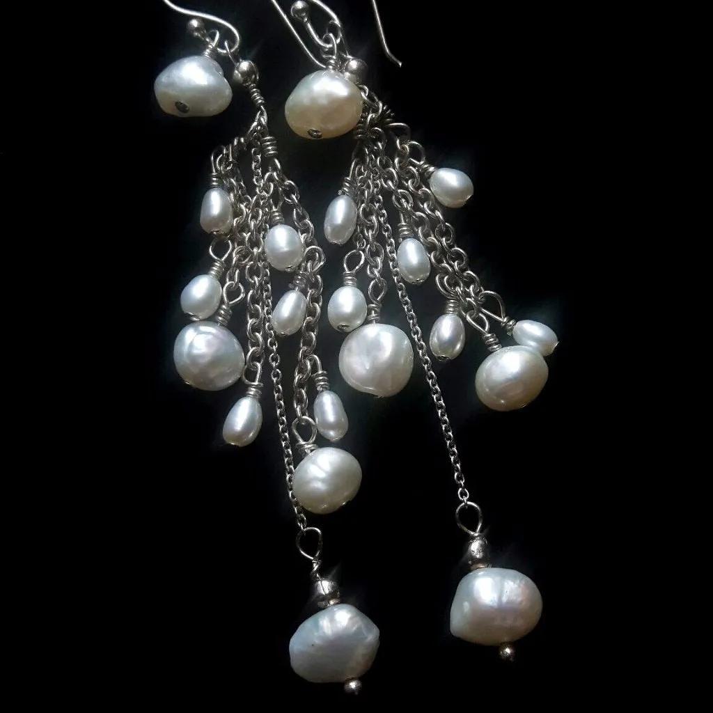 White Freshwater Pearl Cluster, Silver Earrings