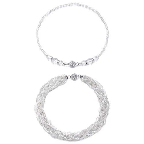White Necklace Braided Crystal Bead Chains Rhinestone Magnetic Clasp Detachable Two Collar Necklace